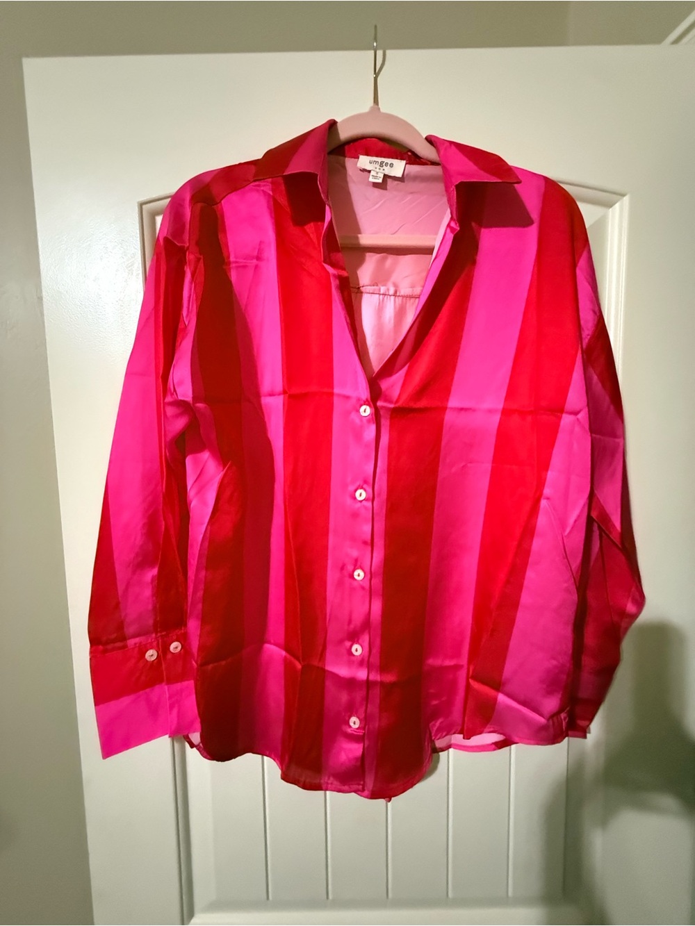 Umgee Hot Pink and Red Striped Button-Down Shirt NWOT